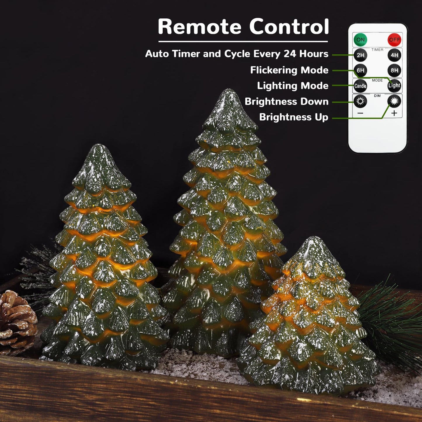 Green Christmas Tree Figurines Hand-Painted Tabletop Tree Flameless Candles Real Wax Flickering LED Battery Operated with Remote Lighted Christmas Tree Decoration for Shelf Fireplace Mantel Holiday