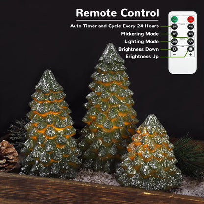 Green Christmas Tree Figurines Hand-Painted Tabletop Tree Flameless Candles Real Wax Flickering LED Battery Operated with Remote Lighted Christmas Tree Decoration for Shelf Fireplace Mantel Holiday