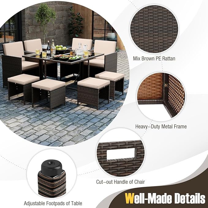 Tangkula 9 Piece Patio Dining Set, Rattan Chairs