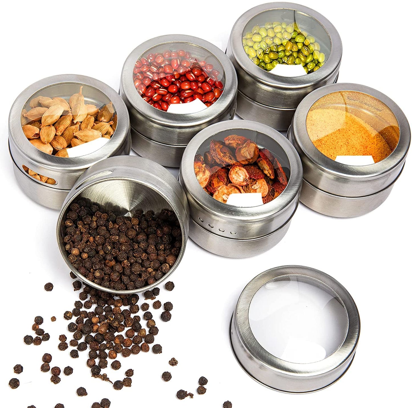 Stainless Steel Magnetic Spice and Condiment Organizer Kit – 6-Piece 75ml (2.5 oz) Seasoning Jars with Adjustable Pour Vents, Leak-Proof Magnetic Holder for Kitchen Countertops or Refrigerator Storage