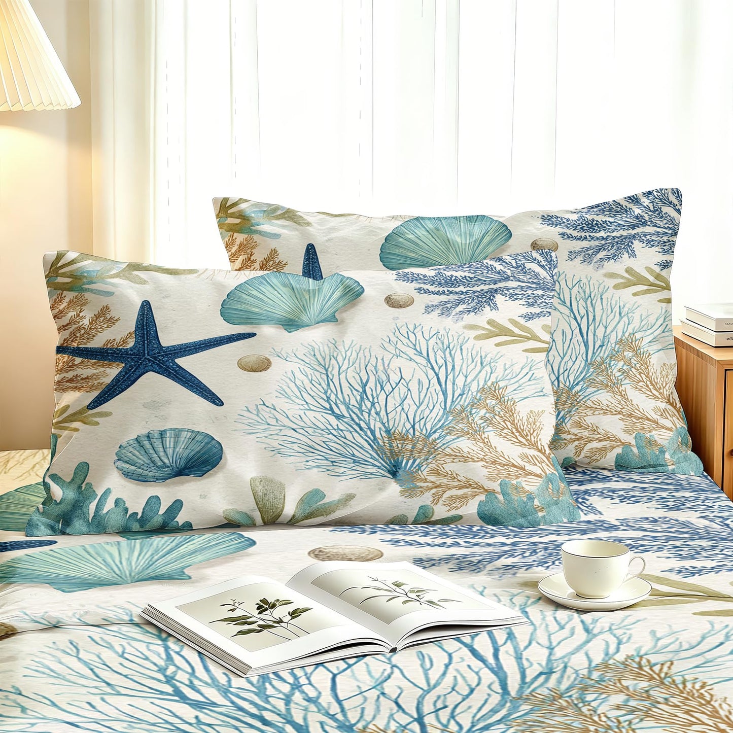 Seashell Coral Queen Sheet Set 4 Pcs Coastal Bed Sheets