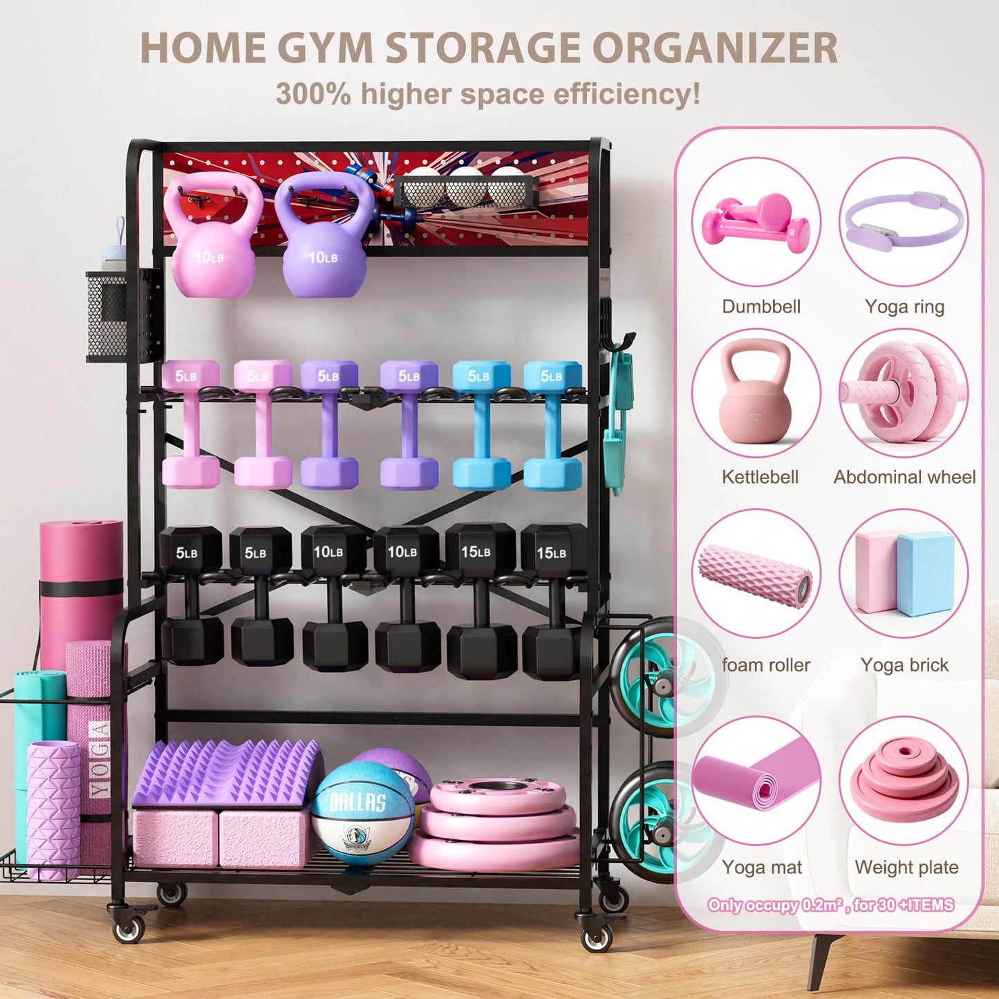 YiiMeeCoo Heavy Duty Dual-Row Dumbbell Rack with Wheels, Home Gym Vertical Storage Stand with Yoga Mat Storage, Space Saving Fitness Equipment Organizer for Home Workout