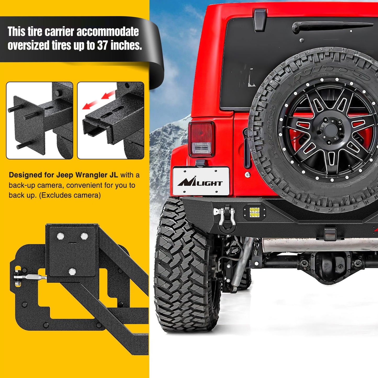 Nilight Rear Bumper with Spare Tire Carrier Compatible for 2007-2018 Wrangler JK & Unlimited (2/4 Doors) Hitch Receiver w 2 LED Lights D-rings