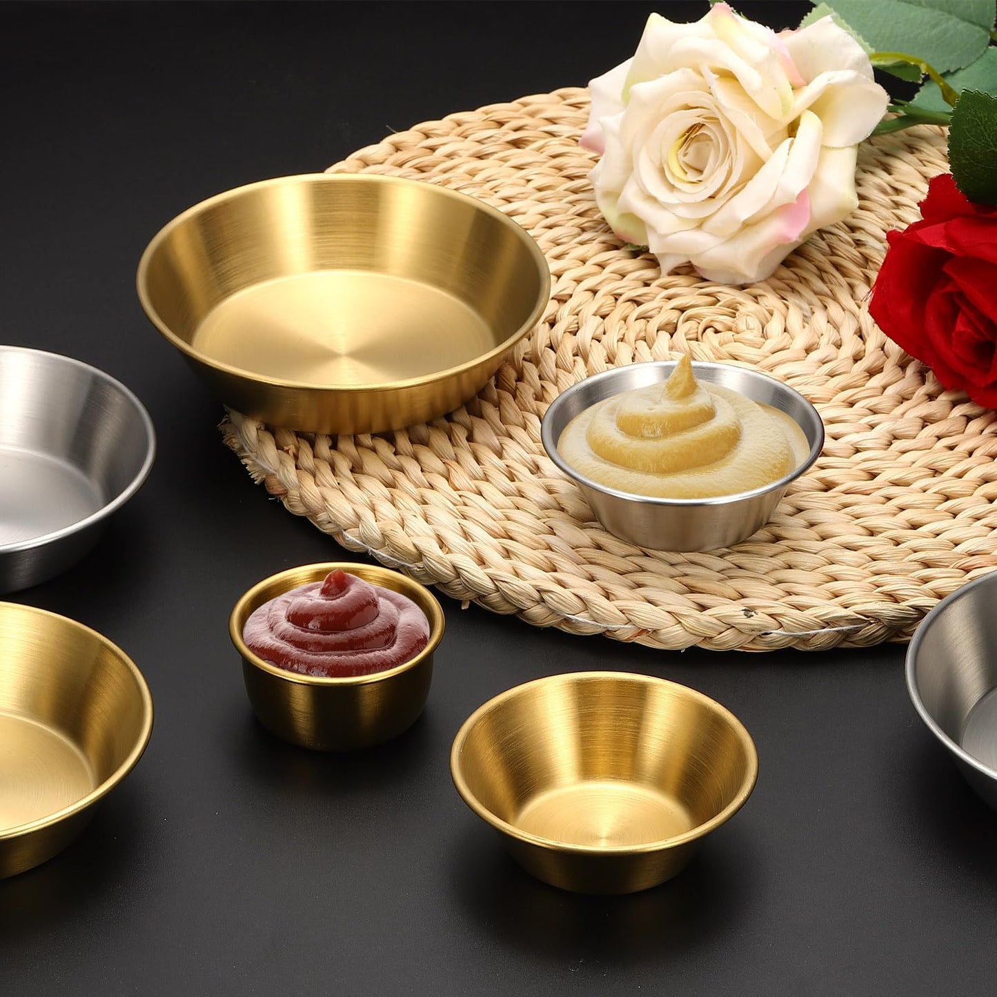 uxcell 4Pcs Stainless Steel Sauce Dipping Bowls, 4.5oz 4.1" Reusable Condiment Bowls Salad Dressing Containers Dipping Sushi Sauces Cups for Kitchen Restaurant, Silver