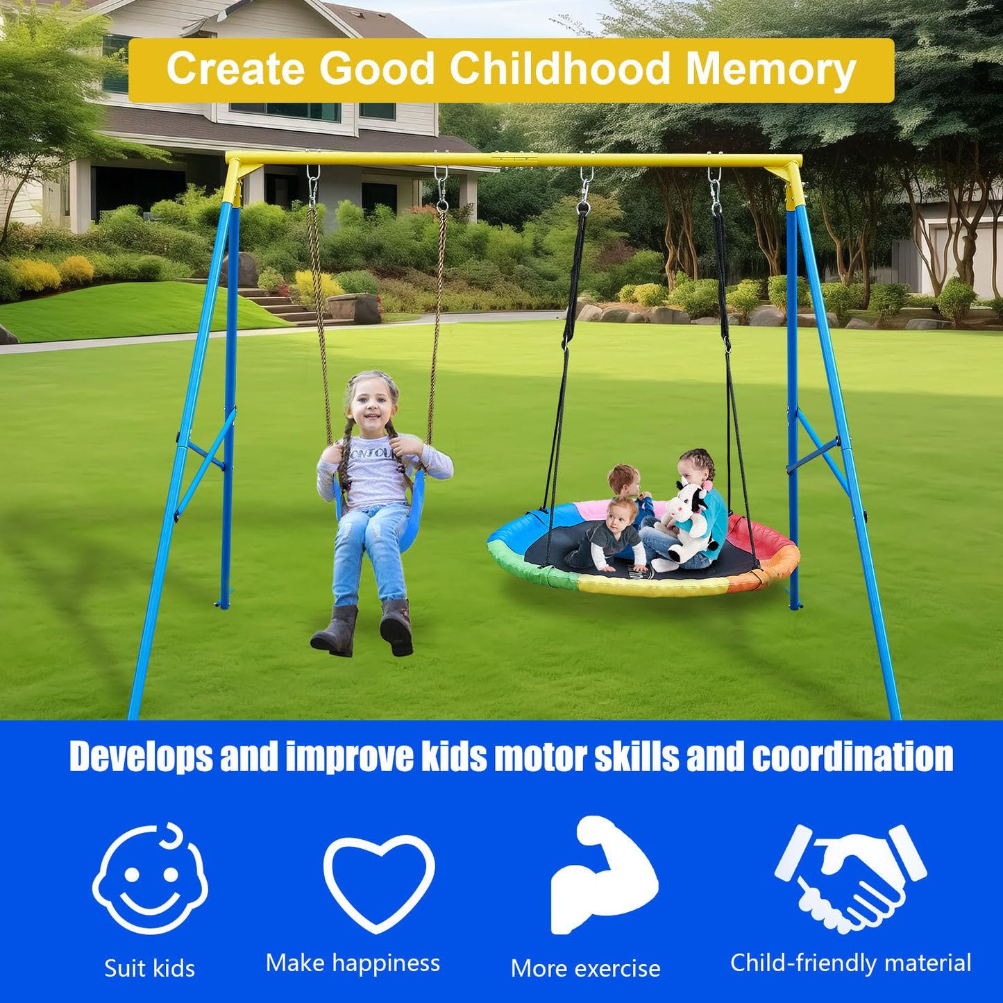 Swing Stand A Frame for 2 Swings,550lbs Metal Saucer Tree Swing Frame Heavy Duty,70” High and 97” Wide,All Weather Resistant Anti-Rust,for Kids Adult Outdoor Backyard(Without Swing) (BLYW)
