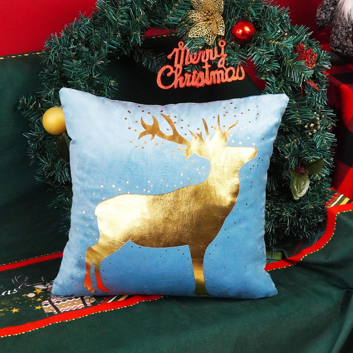 ONWAY Blue Gold White Christmas Decorations Throw Pillow Covers 18x18 Set of 4 Snowflakes Reindeer Decorative Cushion Cases Xmas Golden Decor for Couch Sofa Bedroom