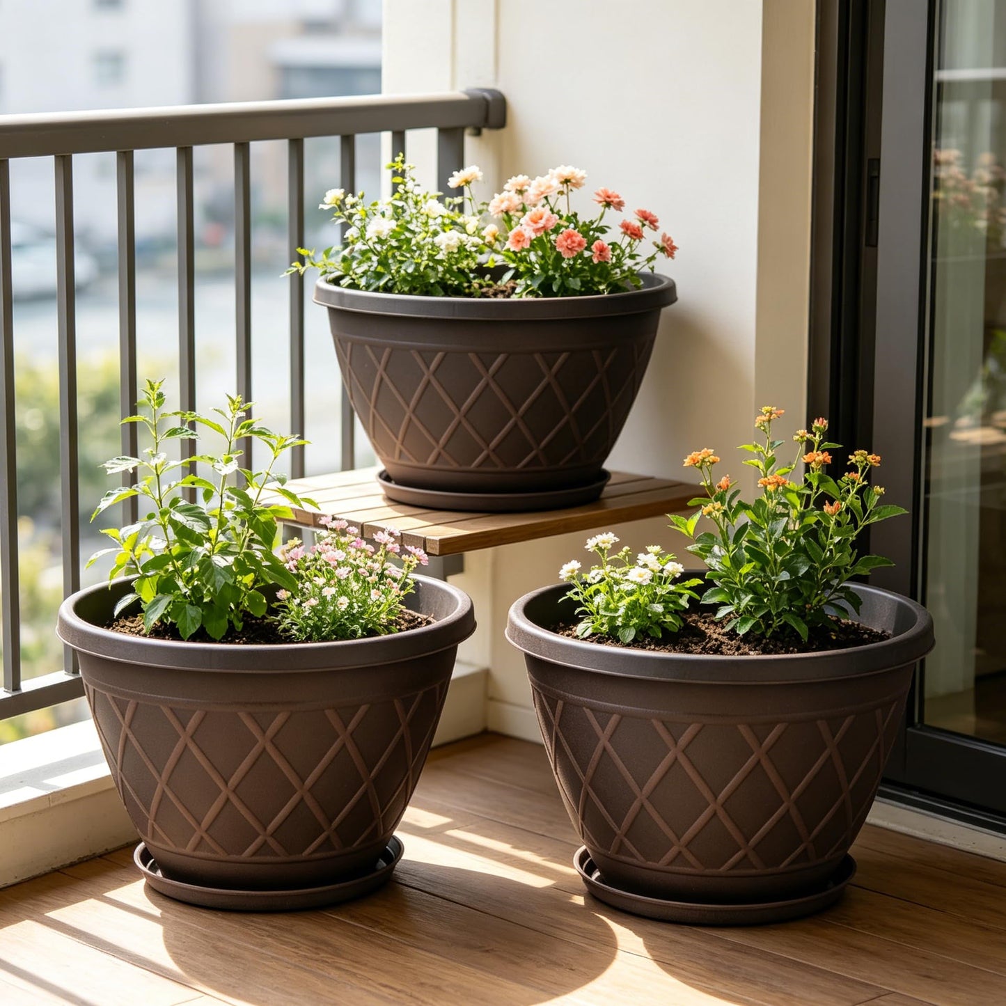 6 Pack 8 Inch Plant Pots, Planters with Drainage Holes & Saucers, Modern Imitation Diamond Pattern Design Plastic Flower Pots for Indoor & Outdoor Plants, Succulents, Flowers, and Herbs (Brown)
