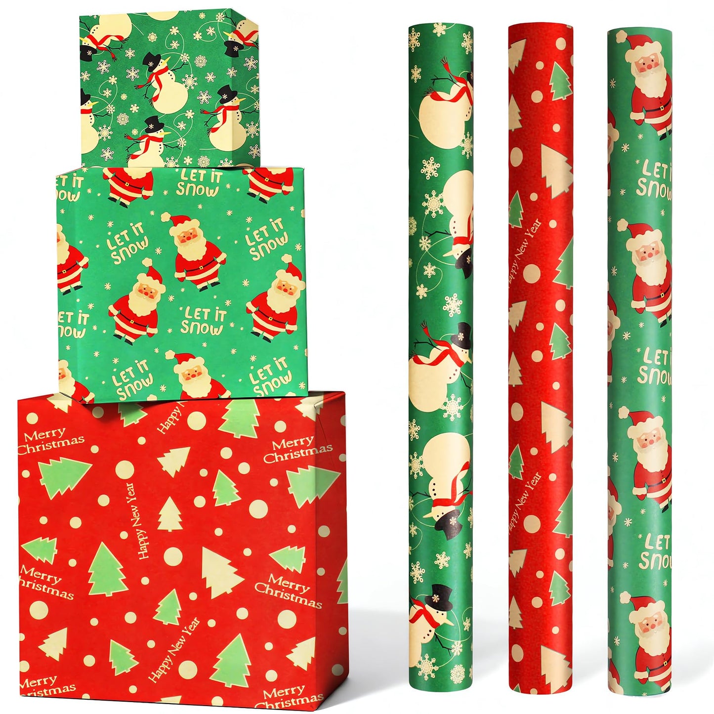 ENFANTRY Christmas Wrapping paper Rolls,3 Rolls Red and Green Xmas Wrapping Paper, Gift Wrapping Paper Christmas Bundle,Xmas tree Santa for Chrimas, Birthday, New Year, Valentines, Wedding, Holiday Deco, DIY