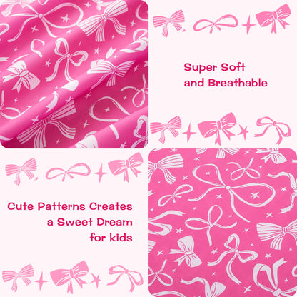 lasoftan Kids Sheet Set Twin Size, Twin Sheet Set with Pink Bow Pattern，Breathable Silky Soft Microfiber Kids Fitted Sheet