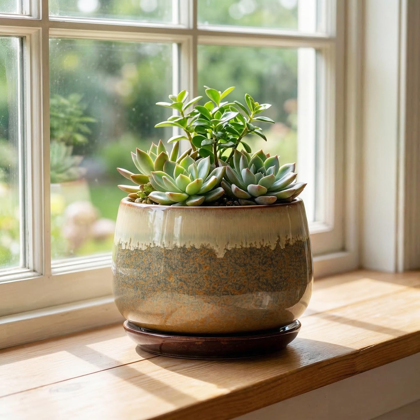 Fivepot Ceramic Plant Pots - 6 Inch Planter with Drainage and Saucer, Round Ceramic Pots for Indoor Plants, Decorative Small Planter, Office Living Room Decor, Housewarming Gifts, Brown-Beige