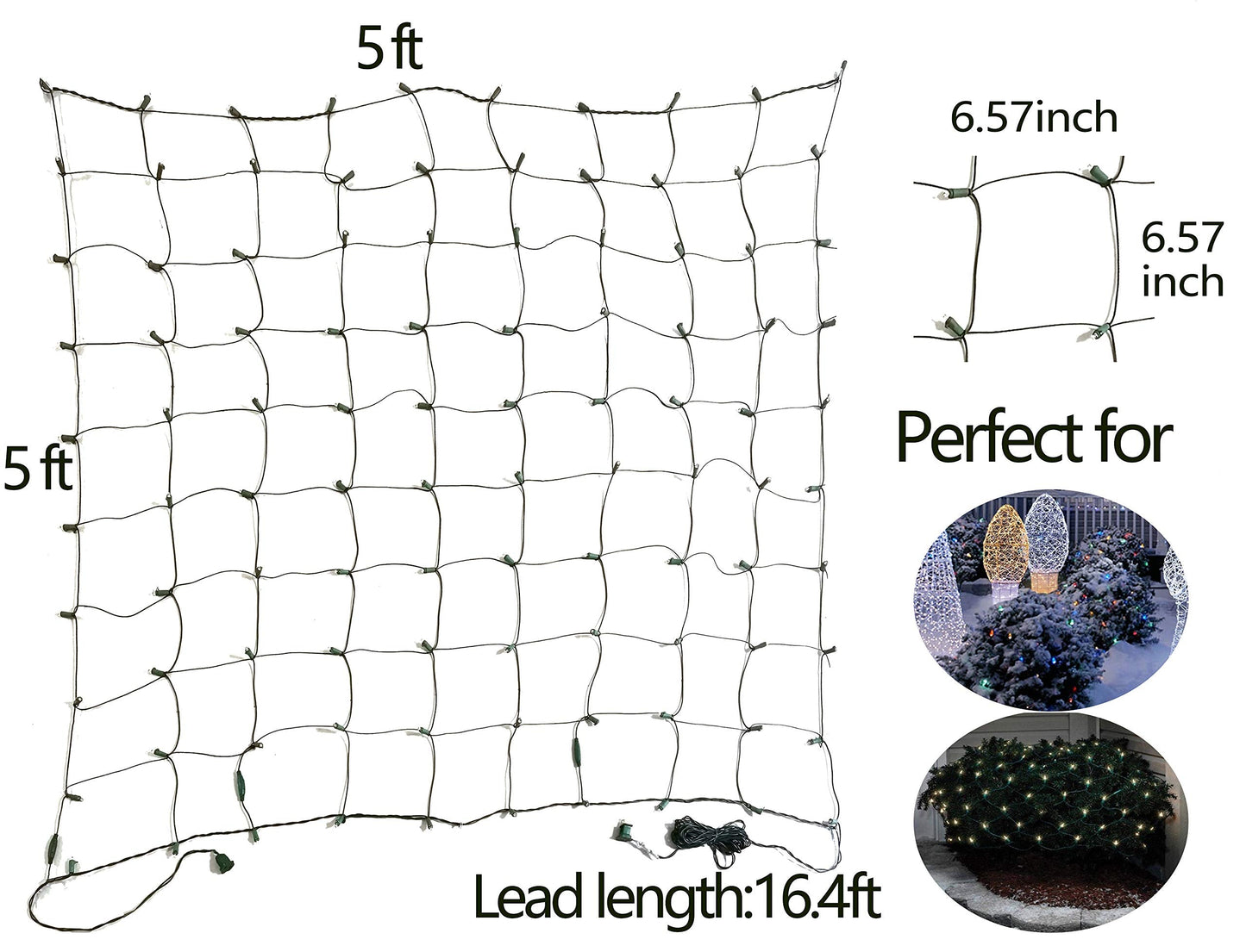 100 LED Christmas Lights 5 ftx5ft Christmas Net Lights Outdoor Indoor Mesh Christmas Decorations Lights string,Perfect for Bushes or Trees, Green Wire（Warm White）