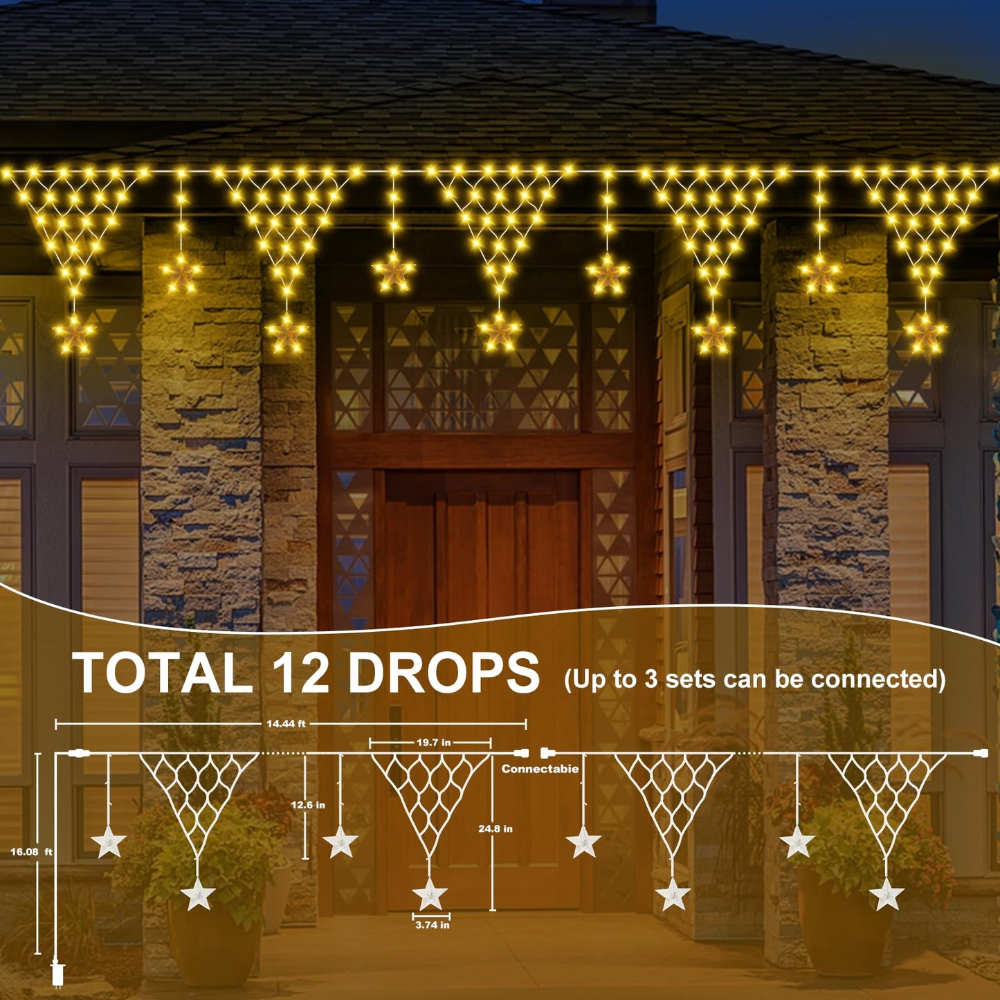 Ramadan Outdoor String Lights Waterproof, 218 LED 13.8FT Star Curtain Fairy Lights with 12 Drops Connectable Clear Wire Christmas Light Decorations 8 Modes for Eaves Yard Wedding Party Holiday Decor