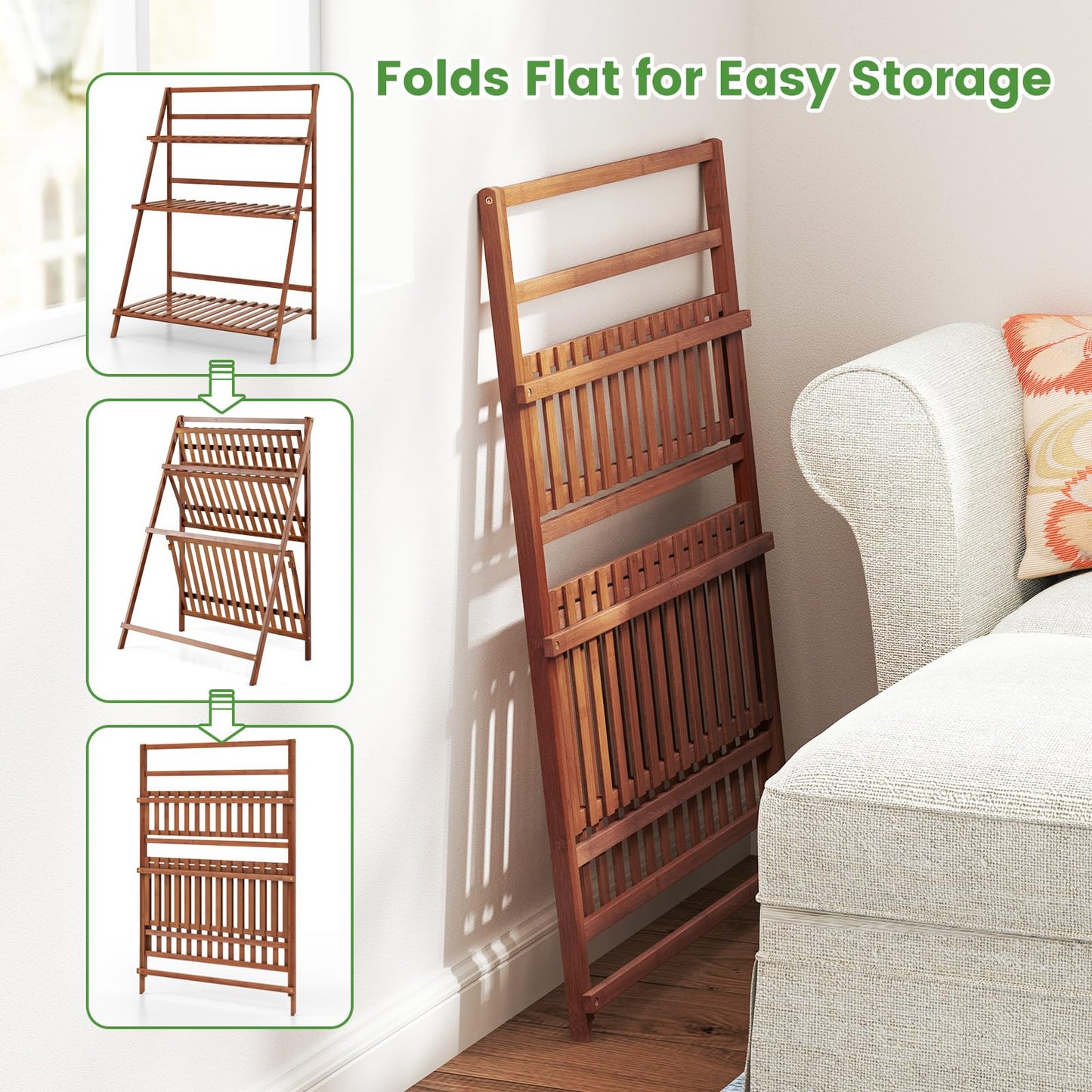 DREAMADE Plant Stand, 3 Tier Bamboo Ladder Plant Stand with Foldable Design, Anti-falling Crossbar, Freestanding Plant Shelf for Indoor Outdoor, Living Room Balcony Patio Garden
