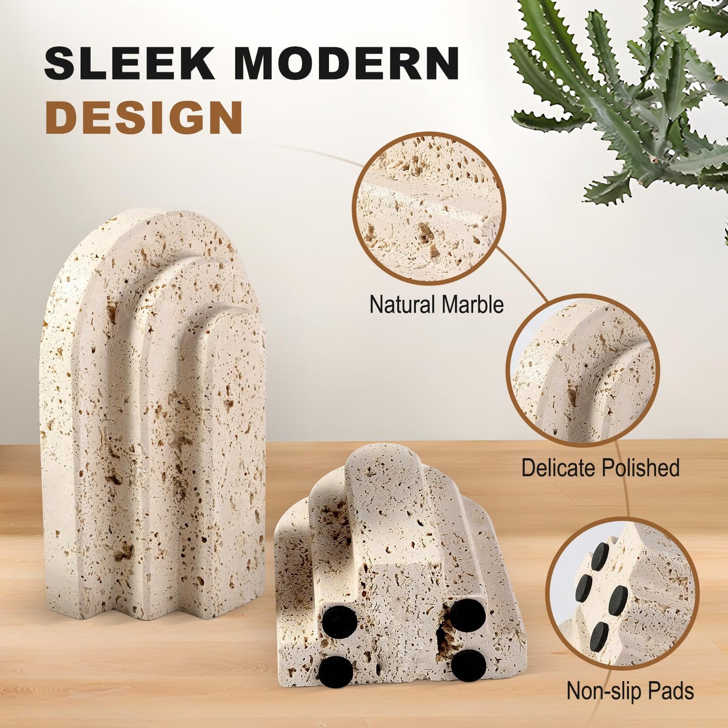 Natural Marble Book Ends - Heavy Duty Bookends for Shelves - Aesthetic Layered Arch Design Stone Book Holders, Unique Modern Office Bookshelf Stopper Decor for Books/CDs(Travertino Turkey)