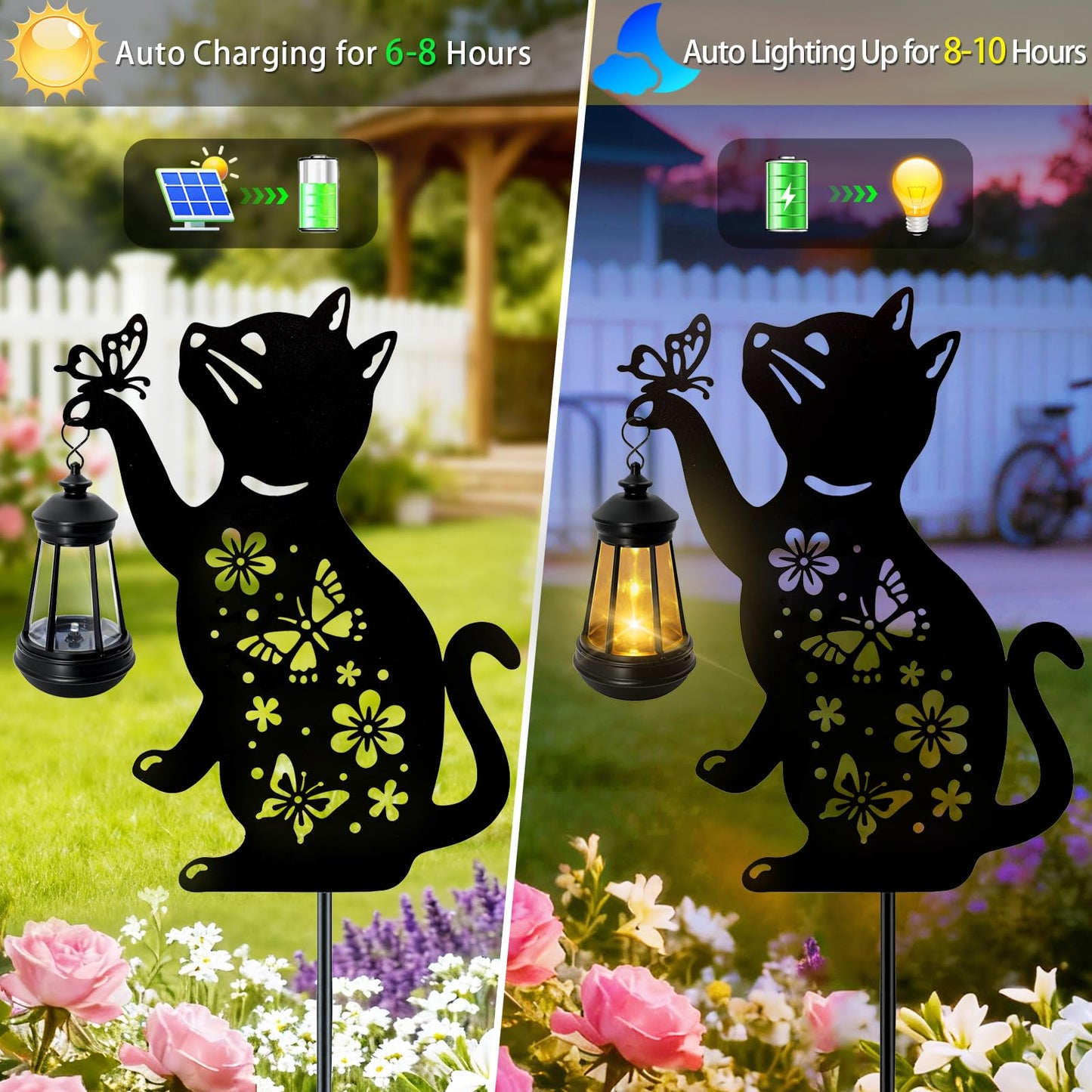 ANGMLN Cat Solar Lights Outdoor, Black Cat Hanging Lantern Waterproof, Cat Lover Gifts for Women Mom Birthday Mother's Day, Metal Garden Statue Yard Decor Patio Pathway Backyard Lawn Ornaments