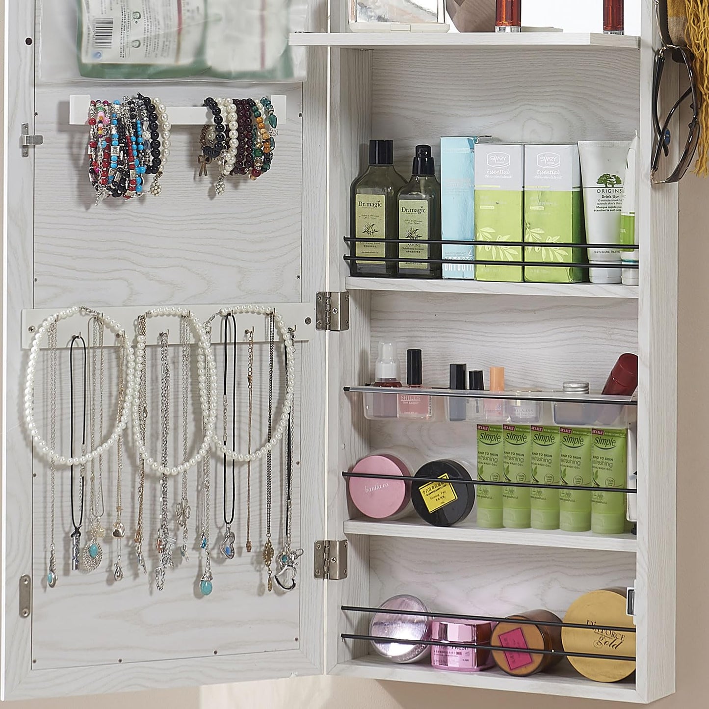 GISSAR Jewelry Mirror Armoire Wall Mount Over The Door Mirror Jewelry Cabinet Storage Mirror Organizer Lockable Full Length Door Mirror(White Oak)