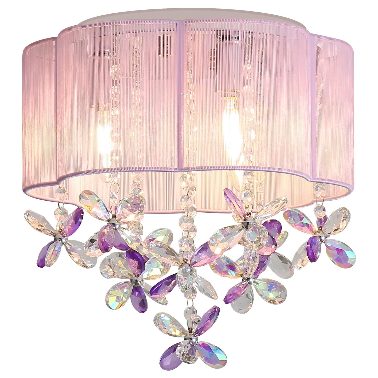 3 Light Bedroom Chandelier Ceiling Light Pink Lamp 13" Small Crystal Mini Chandelier Flush Mount Ceiling Light with Handmade Flower Lampshade for Girls' Bedroom,Closet,Nursery,Dinning Room Purple