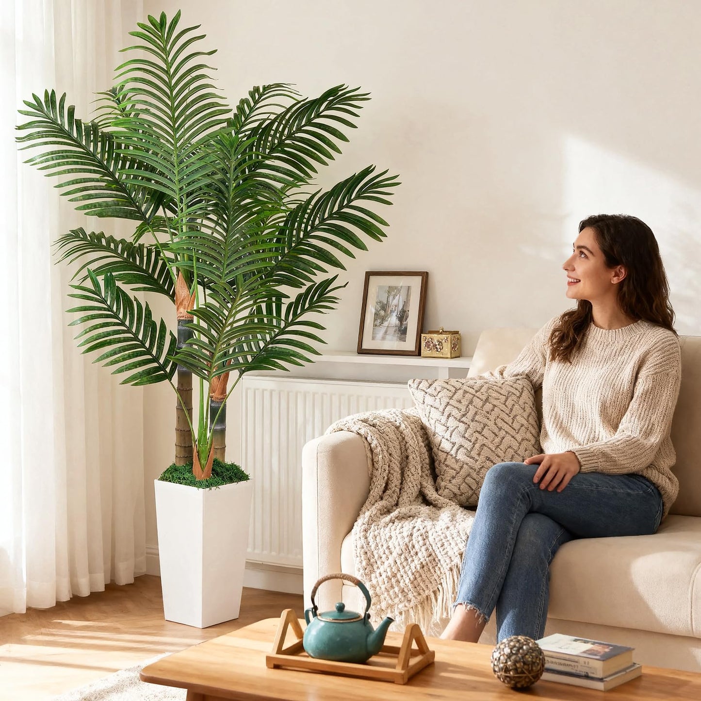 5ft Artificial Palm Tree Indoor Plant，Triple Faux Tropical Areca Floor Plant in Pot，Artificial Plants with Lifelike Leaves for Home Office Decor