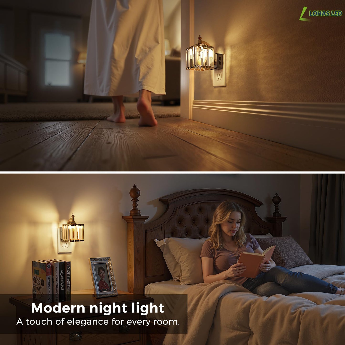 L LOHAS LED Night Light, 2 Pack Night Lights Plug into Wall, 3000K Soft White LED, Crystal Night Lights with Dusk to Dawn Sensor, 0-100lm Adjustable Brightness, for Hallway Bedroom Stairway