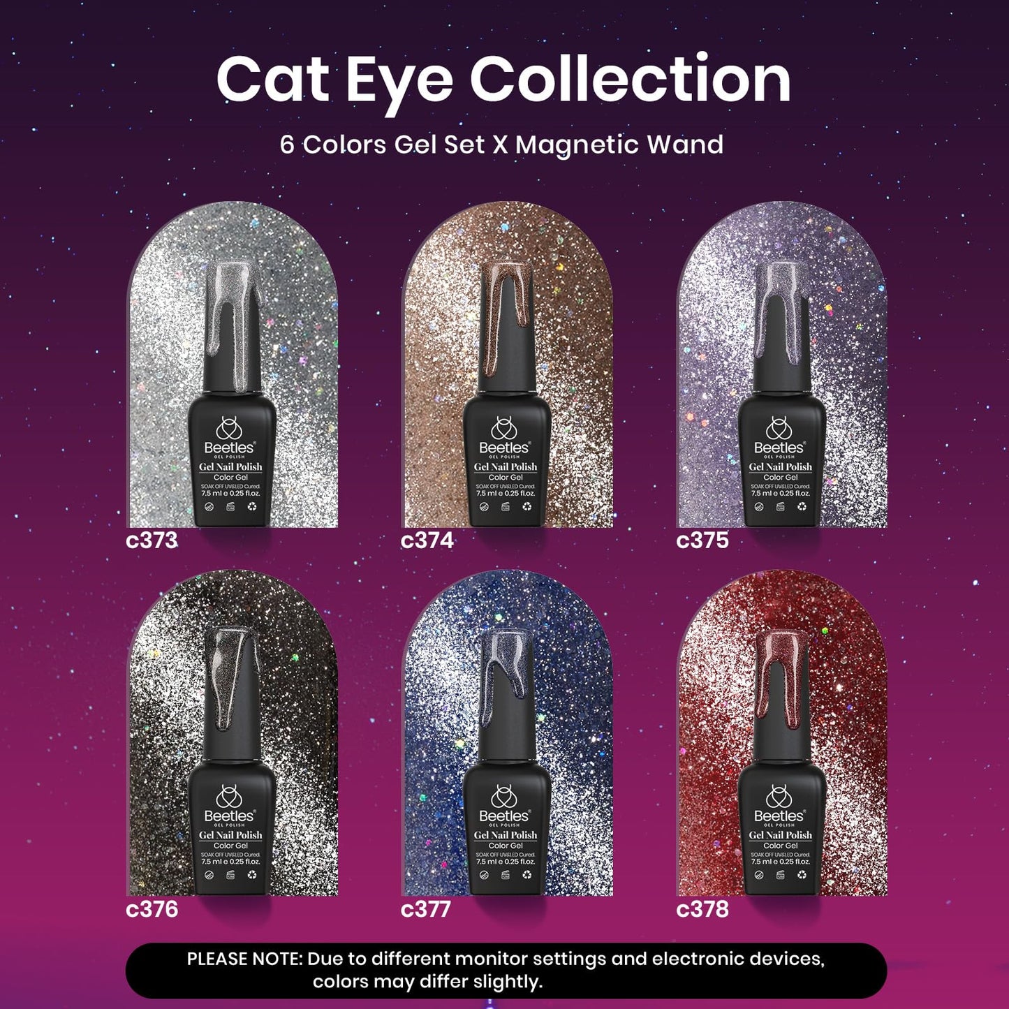 Beetles Cat Eye Gel Nail Polish Set, 6 Colors Glitter Red Pink Shiny Brown Burgundy Purple Blue Green Magnetic Effect Sparkle Stunning Nail Gel Polish Kit Soak Off UV Manicure Gifts for Women
