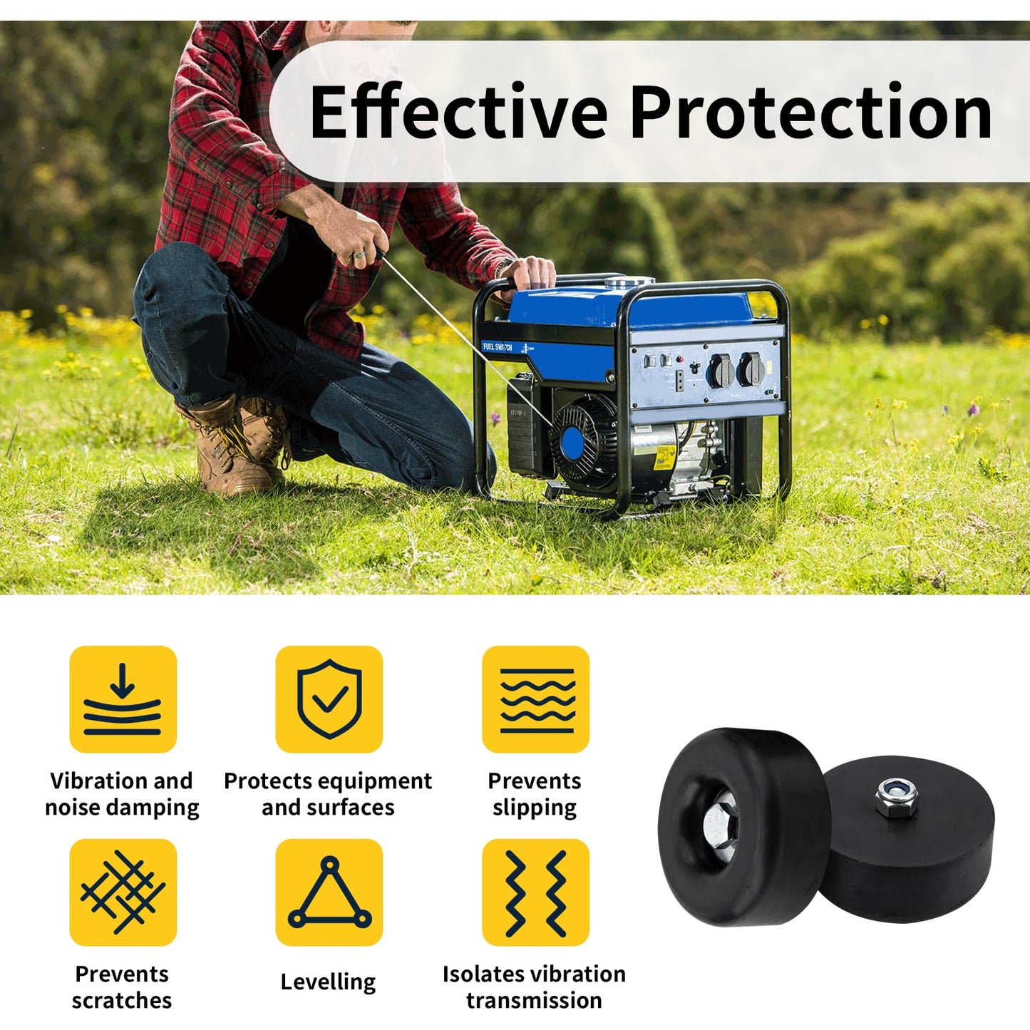 2-Pack Heavy Duty Anti Vibration Rubber Foot for Generators, Pressure Washers, Compressors, Air Compressors, Trailers, Generator Rubber Foot Pads, Thick 1 x 2.5 Inch