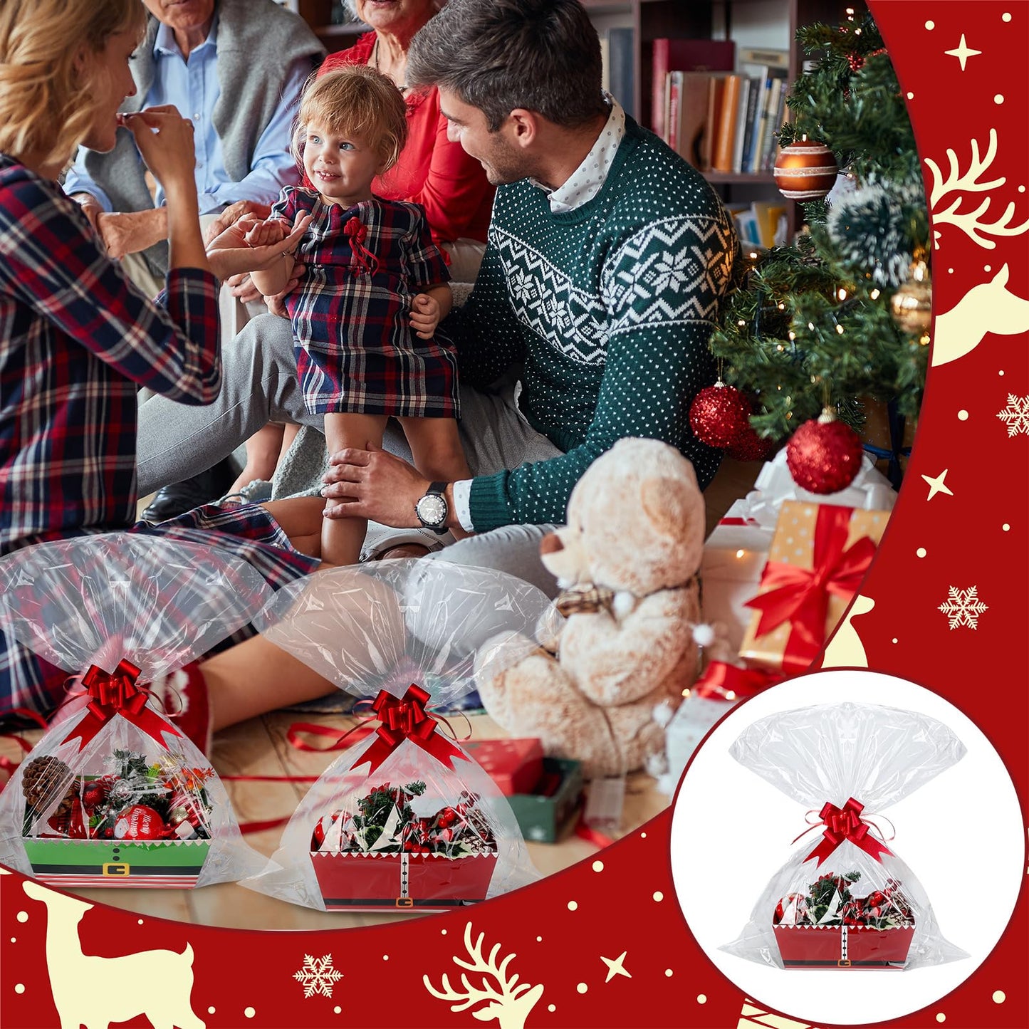 Cholemy 24 Pieces Christmas Gift Baskets Empty Kit Include 8 Kraft Market Trays 8 Bags and 8 Bows Elf Belt Candy Cardboard Baskets for Gifts Empty with Handles (Elf Belt)