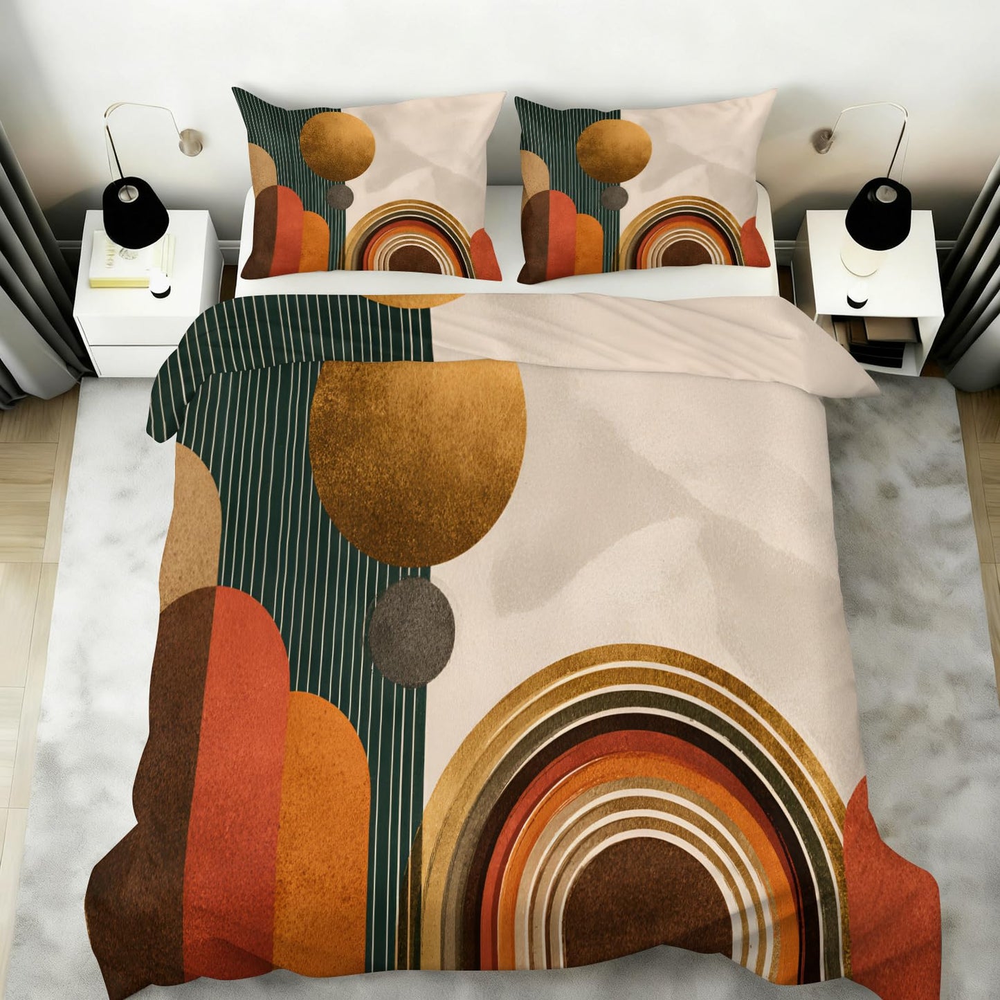 ZAOMIR Mid Century Modern Duvet Cover Queen Size, Boho Abstract Geometric Line Bedding Set 3 Piece, Sun Boho Geometric Patterned Comforter Cover with Zipper Soft Microfiber, 2 Pillowcases