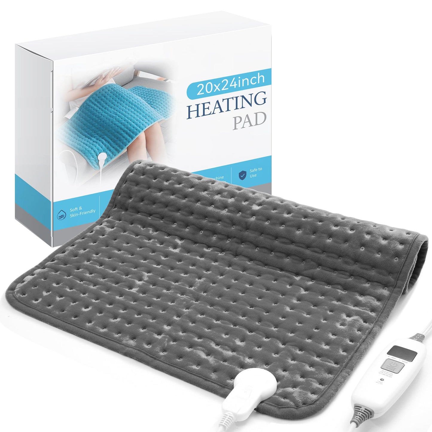Electric Heating Pad for Back Pain Relief & Cramps - 6 Heat Settings,Auto Shut Off,Moist Heat Options,Portable Heated Pads for Neck/Shoulder Machine Washable Gift for Men Women,Grey,12"x24"