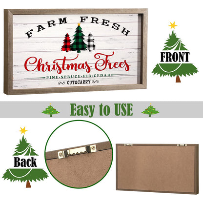 Christmas Signs Farm Fresh Christmas Trees Wood Sign Rustic Farmhouse Holiday Decor with Wooden Frame Buffalo Plaid Xmas Winter Hanging Wall Decor for Home Party Living Room Fireplaces Table Decor
