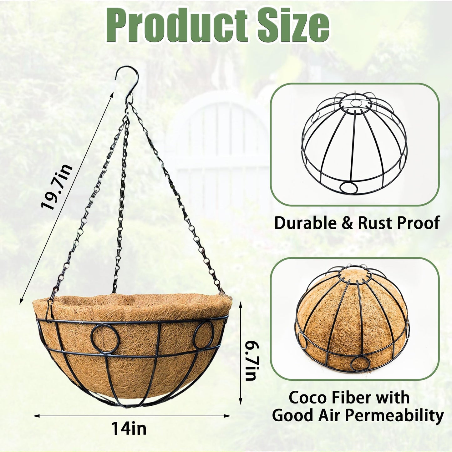 4 Pack 14 Inch Hanging Baskets for Plants Outdoor Metal Hanging Planters with Coco Coir Liner Round Wire Plant Holder Hanging Flower Pots for Outdoor Patio Lawn Balcony Garden Decor - Circular