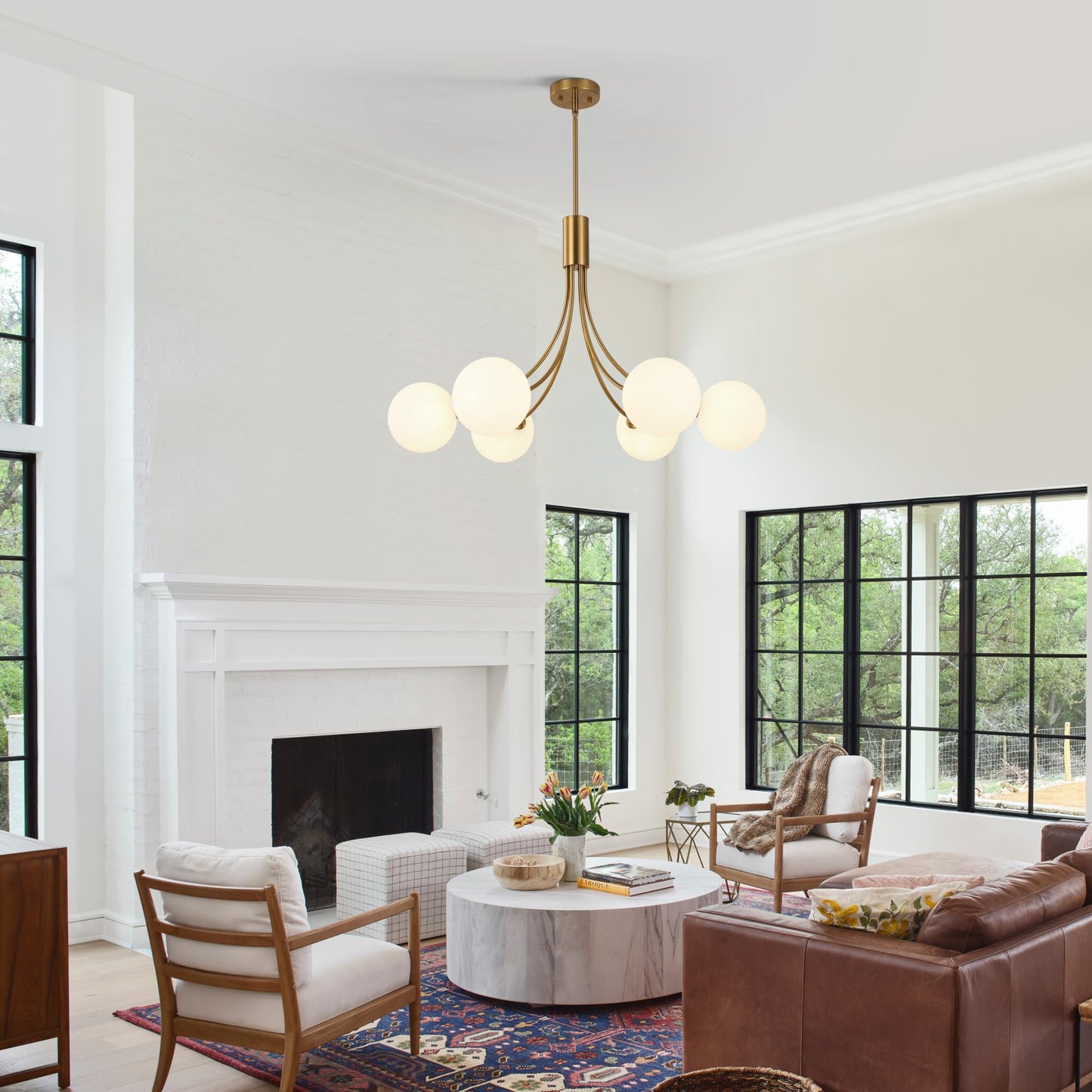 CNRATYE 6-Light Modern Farmhouse Gold Chandeliers for Dining Room Light Fixture, Mid Century Hanging Sputnik Chandelier for Living Room Kitchen Island Bedroom Foyer, Milk White Globe Glass Shade