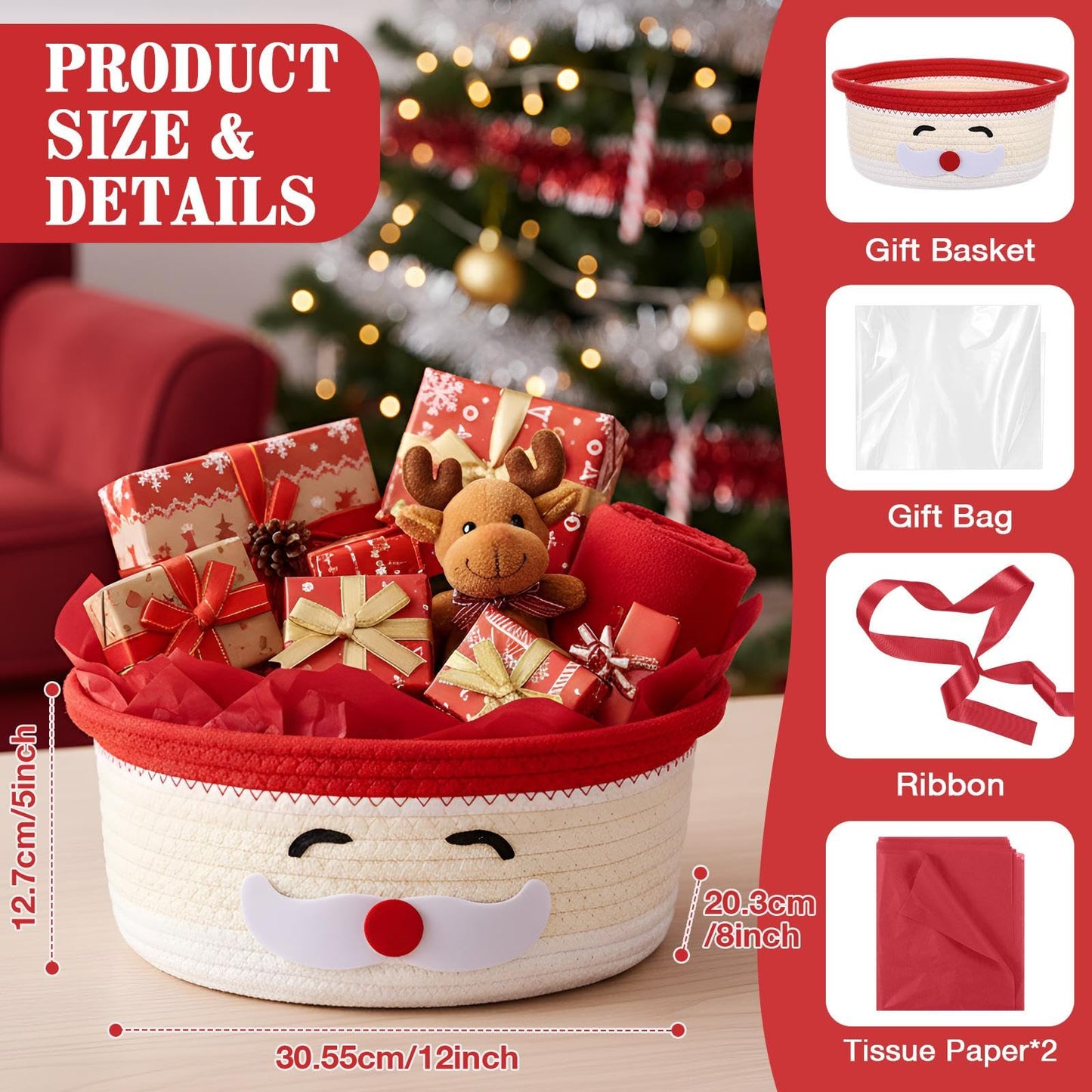 Zopeal Christmas Woven Basket with Gift Bag, Ribbon and Red Tissue Paper Santa Emoticon Woven Storage Bin Empty Basket Holiday Decorative for Xmas Gifts, 12 x 8 x 5 inch