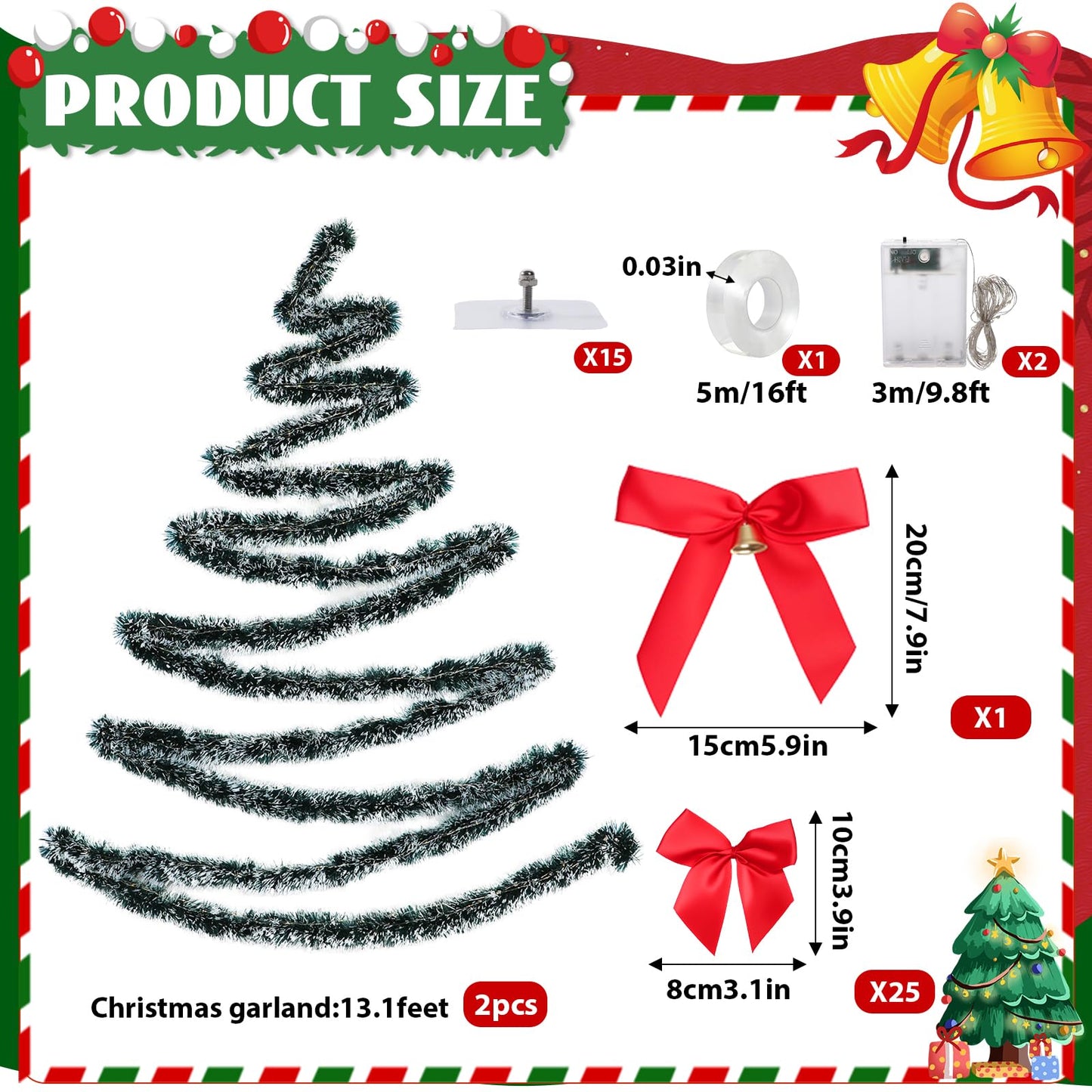 Christmas Tree Wall Decoration Artificial DIY Wall Mounted Hanging Christmas Tree with LED Light Garland Red Satin Bows Space Saving Xmas Decoration for Home Door Indoor Small Space Holiday Supplies