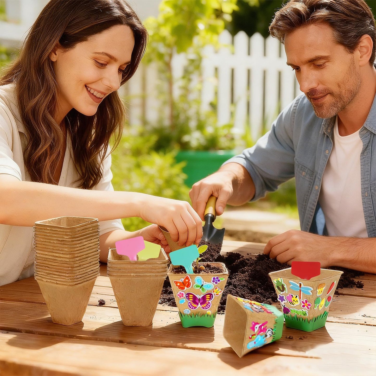 NNG 20 Set Garden Paper Pot Craft Kit,20Pcs Square Paper Mache Pots Peat Plant Pots with 200pcs Adhesive Foam Stickers & 20Pcs Pots Labels,Flower Plant Spring Craft for DIY Flower Planting