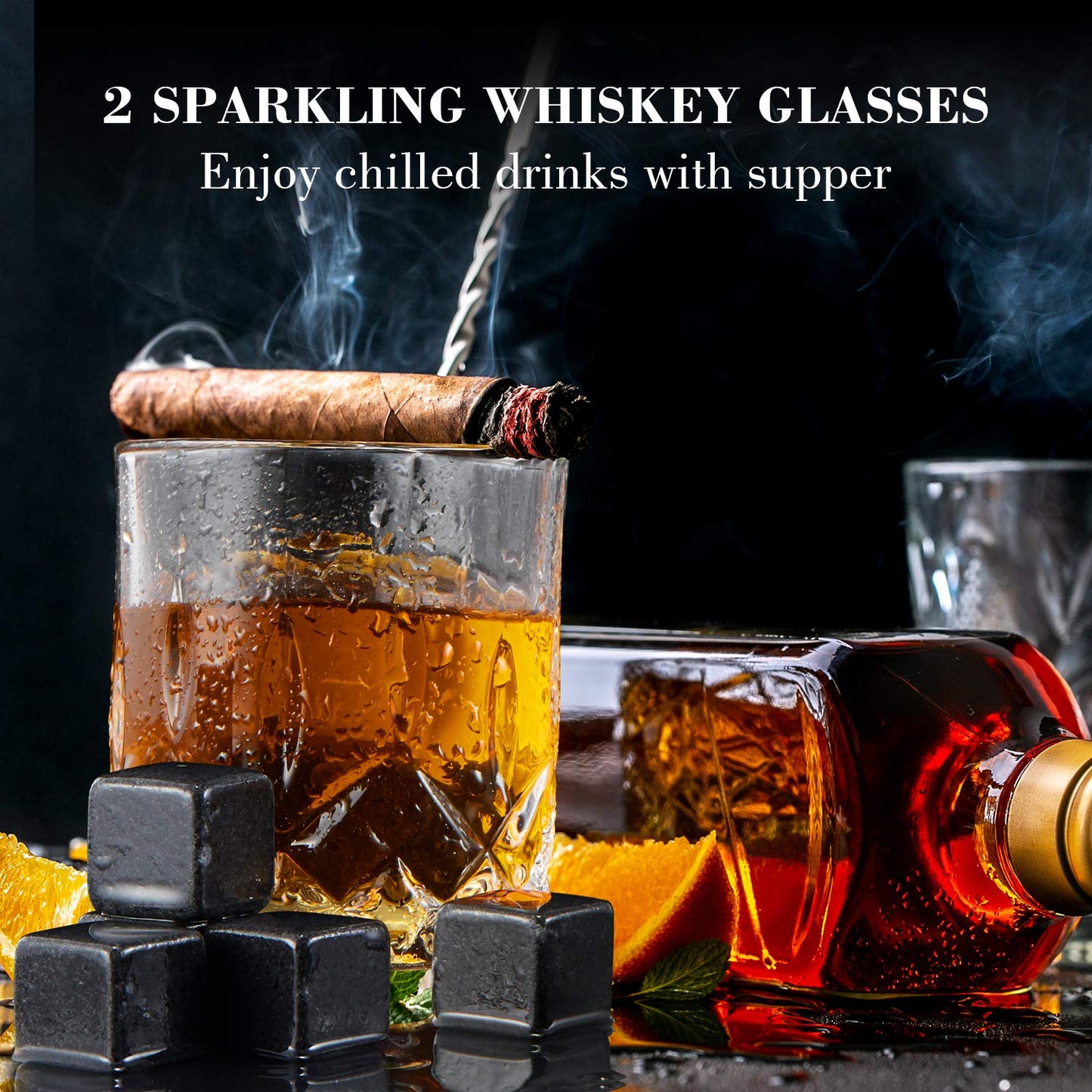 Whiskey Glasses Stones Gifts Set for Father, Pack of 2, 10 oz Scotch Bourbon Glasses, 8 Chilling Rocks with Tongs Perfect for House Warming Anniversary Birthday Farewell for Men