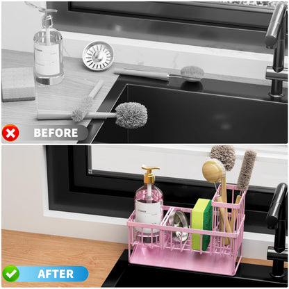 Cisily Kitchen Sink Caddy Organzier with High Brush Holder, Sponge Holder for Sink, 304 Rustproof Stainless, Kitchen Countertop Soap Dispenser Organizer, Kitchen Decor and Accessories