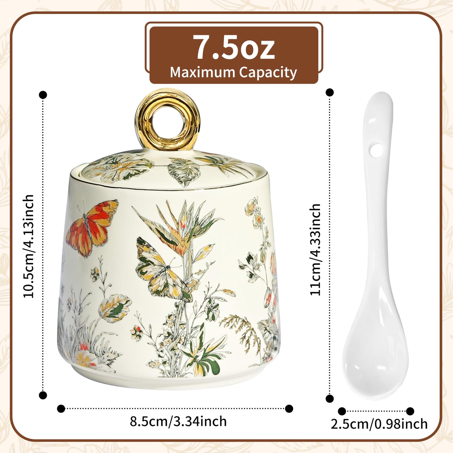 JUSONEY Ceramic Sugar Bowl with Lid and Spoon with Floral Pattern, Gold Trim - 7.5oz Elegant Sugar Jar with Lid and Spoon, Nordic Style for Kitchen, Dining, Cafe, Gift Idea (B)