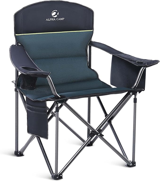 ALPHA CAMP Heavy Duty Camping Chair 500LBS Capacity, Oversized Folding Chair for Heavy People, Padded Portable Outdoor Chair with Cooler Bag & Cup Holder for Camping, Fishing, Beach