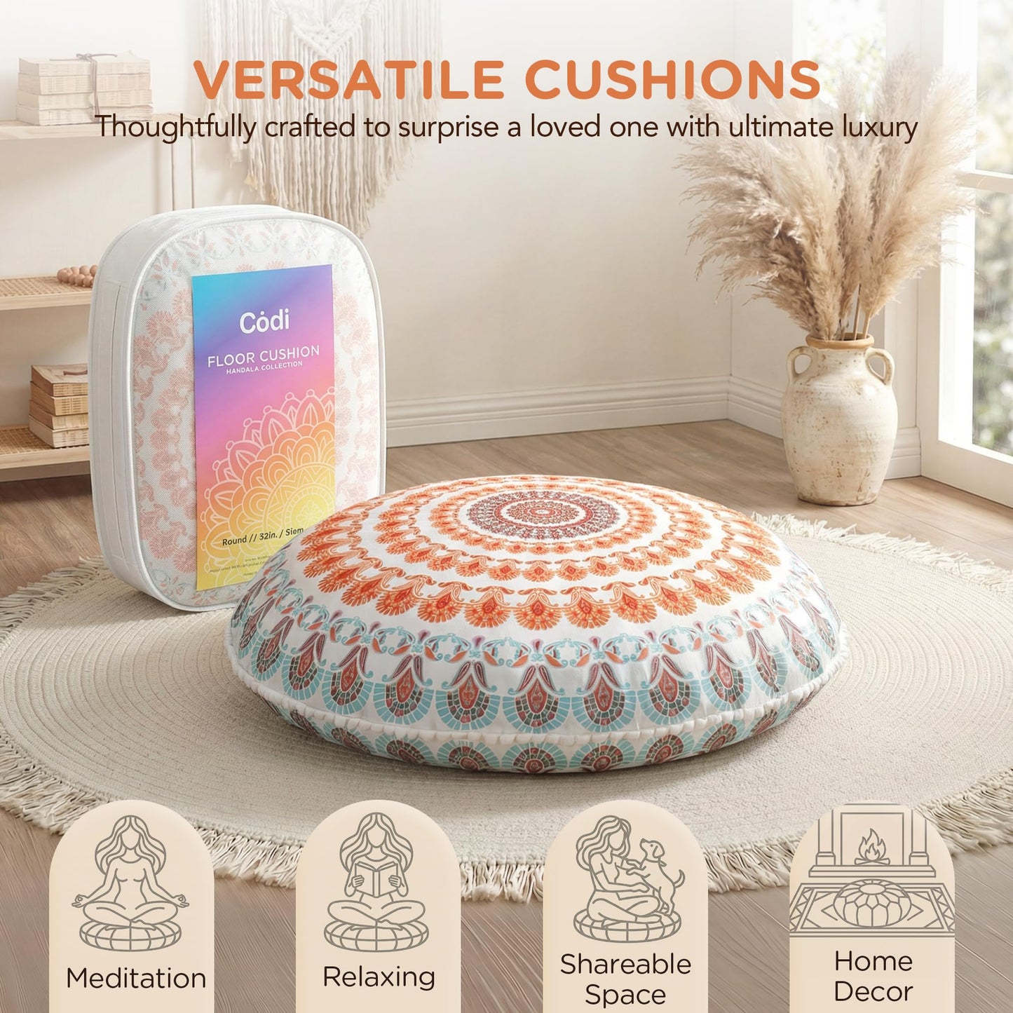 Codi Floor Pillows for Adults & Teens Set of 2, Large Boho Meditation Cushions with Memory Foam, Round Mandala Seating for Yoga, Home Office, Dorm Room, Washable, 32 Inch, Coral