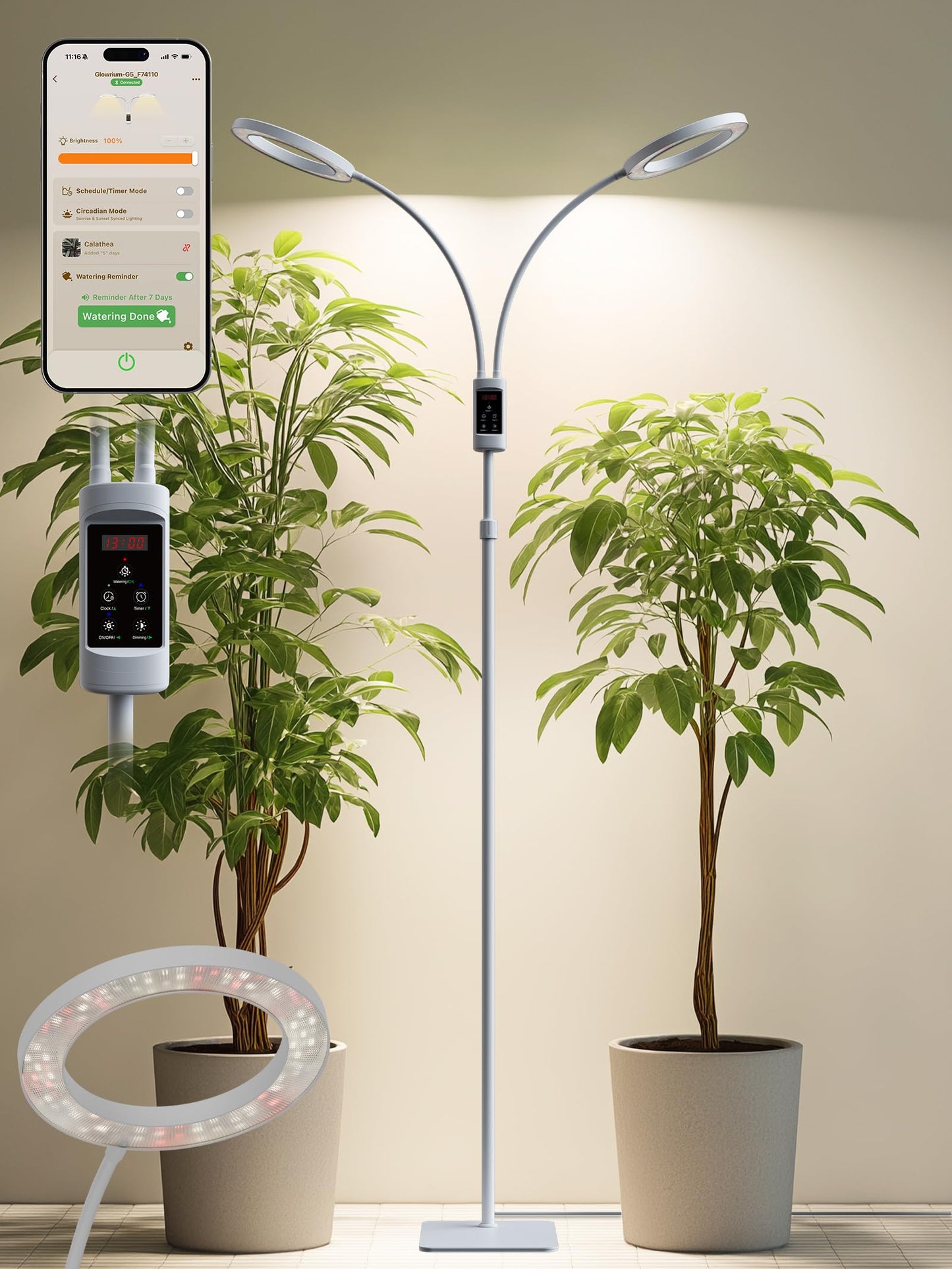 Smart Grow Lights for Indoor Plants, 48W Plant Light with Auto-Timer, Full Spectrum LED Grow Light, Adjustable Height & Stepless Dimming,Plant Assistant Suitable for Most Plants (White(Dual Heads))