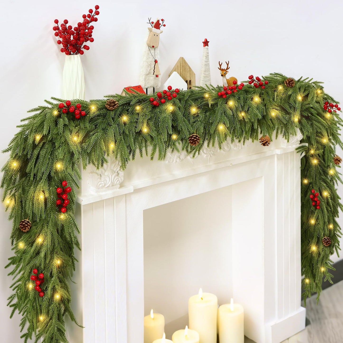 9FT Artificial Norfolk Pine Garlands - Real Touch Winter Pine Garland, Green Artificial Greenery Garland for Mantle, Table, Wall, Indoor & Outdoor Fireplace Christmas Decorations
