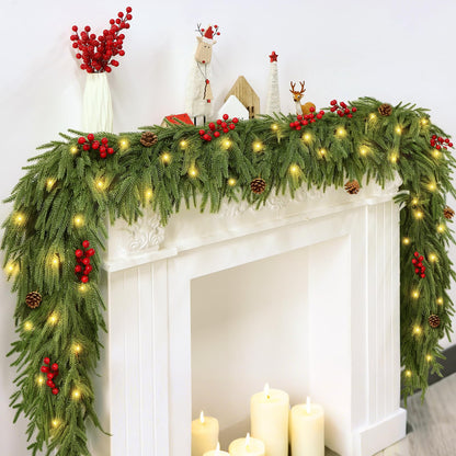 9FT Artificial Norfolk Pine Garlands - Real Touch Winter Pine Garland, Green Artificial Greenery Garland for Mantle, Table, Wall, Indoor & Outdoor Fireplace Christmas Decorations