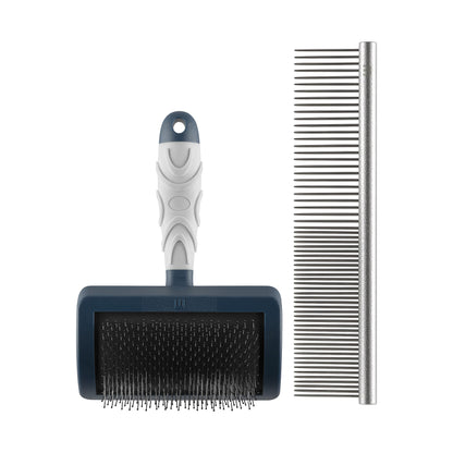 Mikki Dog Puppy Stainless Steel Comb and Hard Pin Slicker Brush, for Cockapoos, Labradoodles, Cavapoos and Golden Doodles - Starter Set 2pcs, Blue, Grey,Small