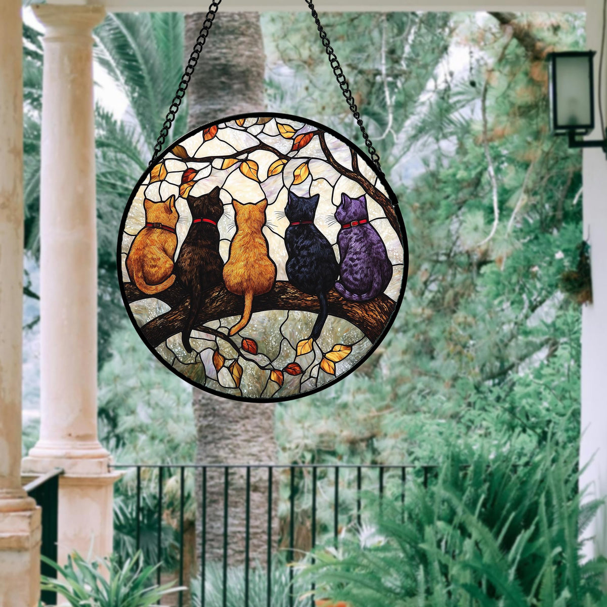 DASTOLL Stained Glass Window Hanging - 5 Cats on a Branch Suncatcher for Window Doors Home Decoration and Christmas, Mother's Day Father's Day Birthday Gifts for Women, Men, and Mom 6.3x6.3 in