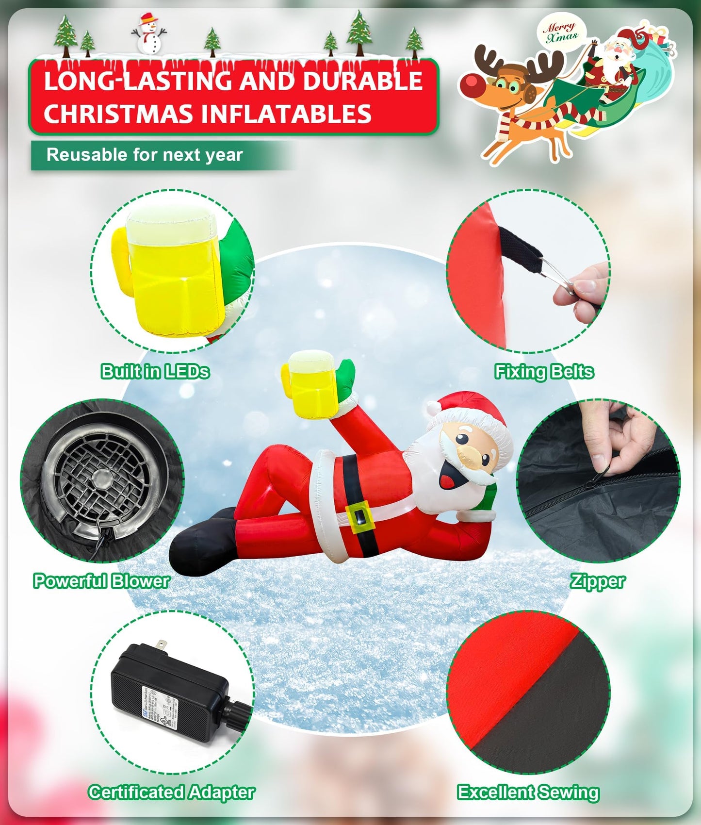 EAONE 12FT Christmas Inflatable Outdoor Decoration, Christmas Blow Ups Yard Decorations Giant Inflatable Santa Claus Lying Flat with Built-in LED Lights for Yard, Garden, Lawn, Home Xmas Holiday Decor
