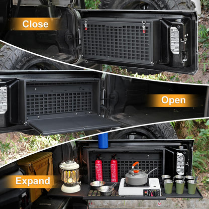 Tailgate Table Storage Lock Box Compatible with Jeep Wrangler JK JKU JL JLU 4 Door, Aluminum Foldable Rear Cargo Shelf MOLLE Panel Camping Desk Organizer