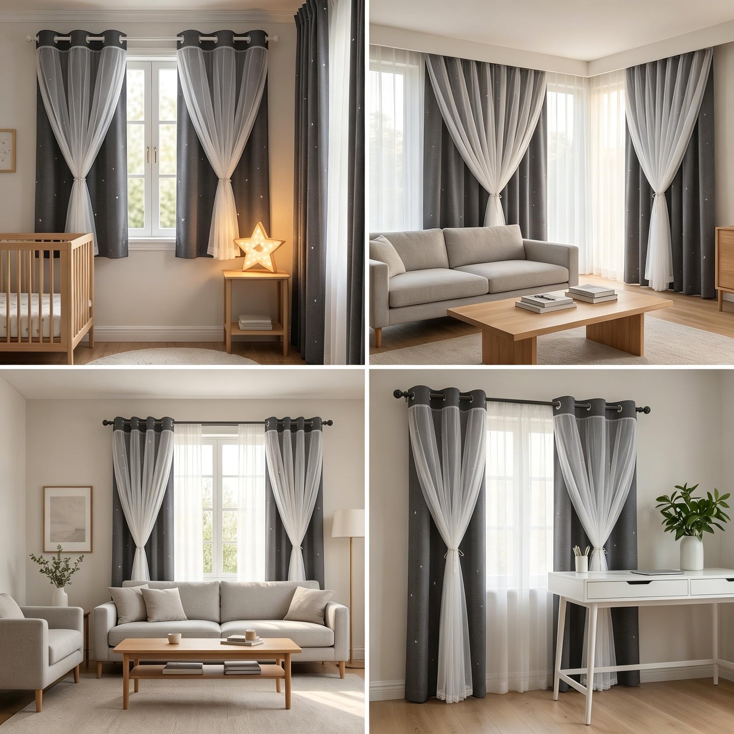 Kinryb Blackout Curtains for Girl Bedroom/Living Room/Classroom, Sheer Overlay 63 Inches 2 Panel Set, Double Layer Curtains with Star Cutout for Kids Room(W 52 x L 63 Inches,Grey 2 Pcs)