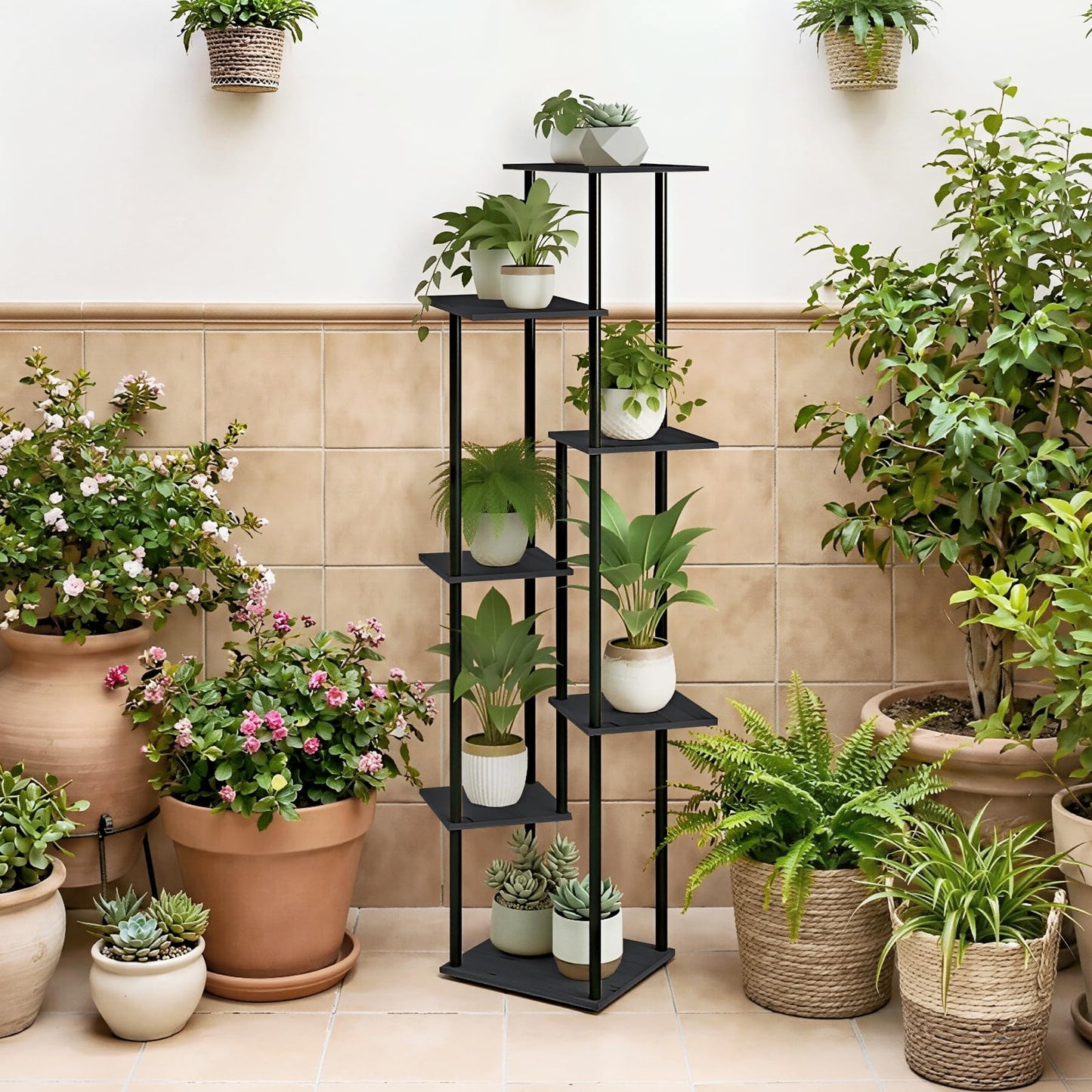 JEPRECO Tall Plant Stand Indoor 7-Tier Metal Wood Plant Shelf for Multiple Flower Pots Corner Flower Holders for Living Room Balcony Bedroom, Black