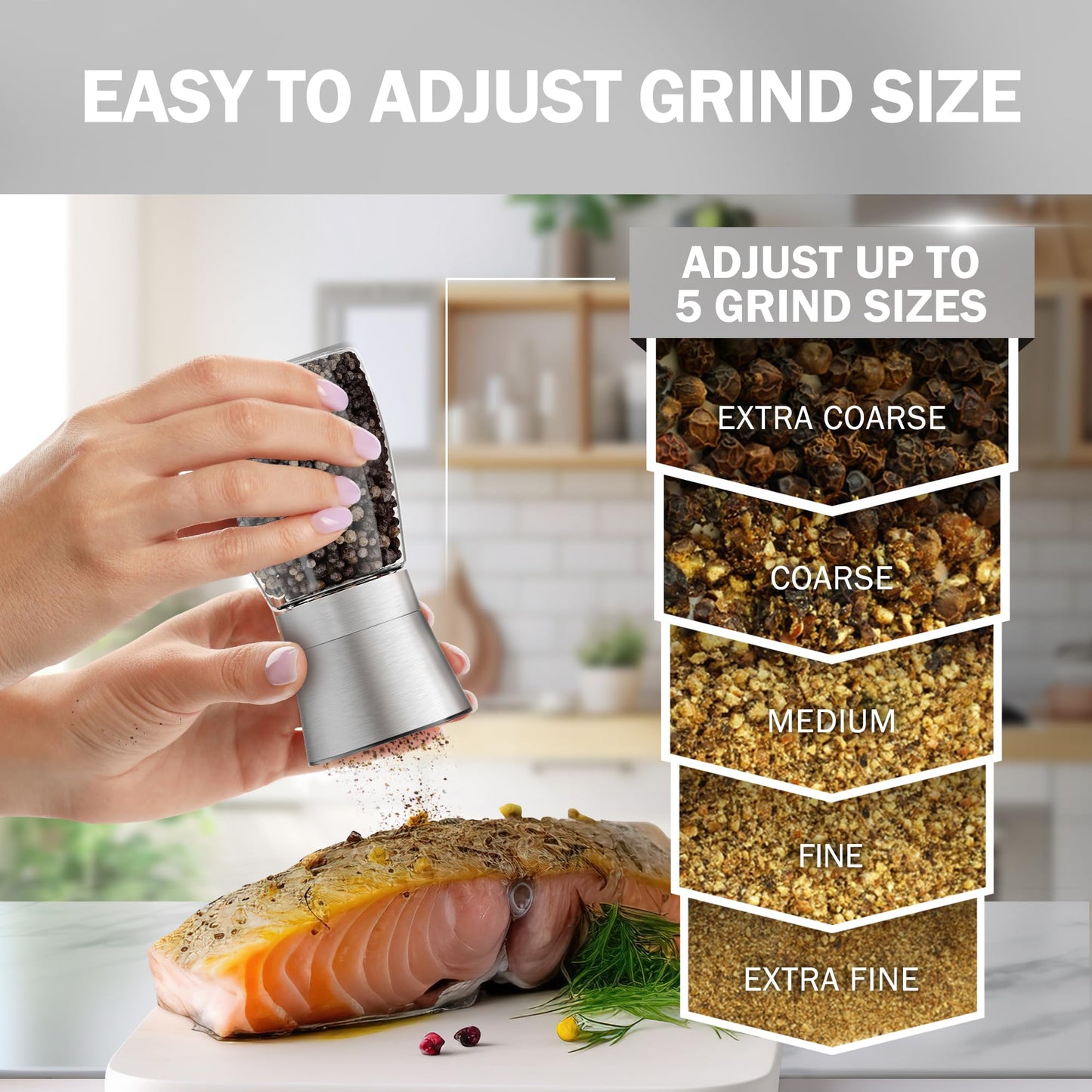 Home EC Original Stainless Steel Sea Salt and Pepper Grinder Set of 4 - Adjustable Ceramic - Glass Salt and Pepper Shakers Mills - Modern Kitchen Spice Mill W/Funnel & EBook