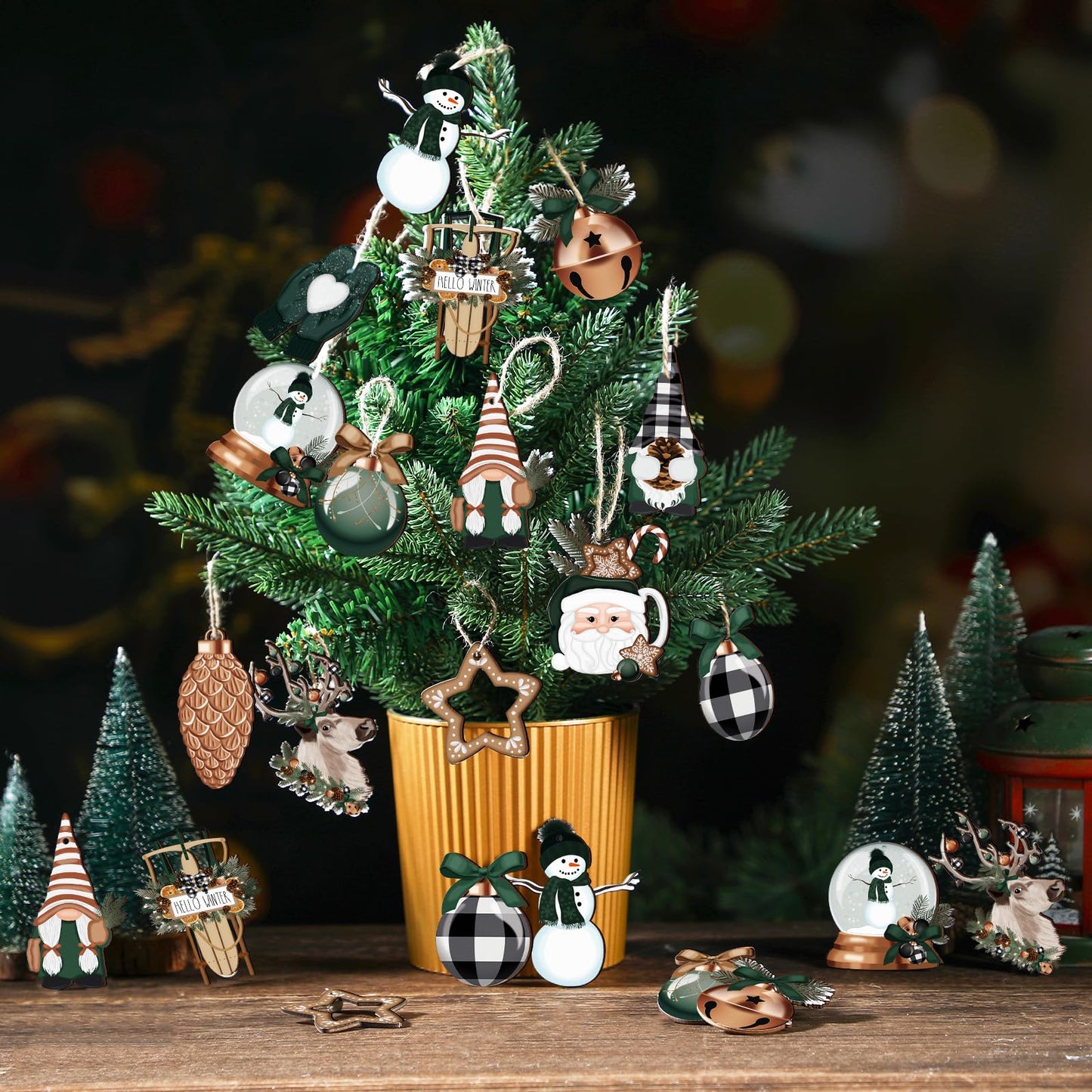 Huwena 40 Pcs Christmas Wooden Ornaments Winter Decorations for Xmas Tree Gingerbread Nutcracker Snowman Gnome Wood Cutouts for Small Tree Wreath Decor(Hunter Green,Winter Wonderland)